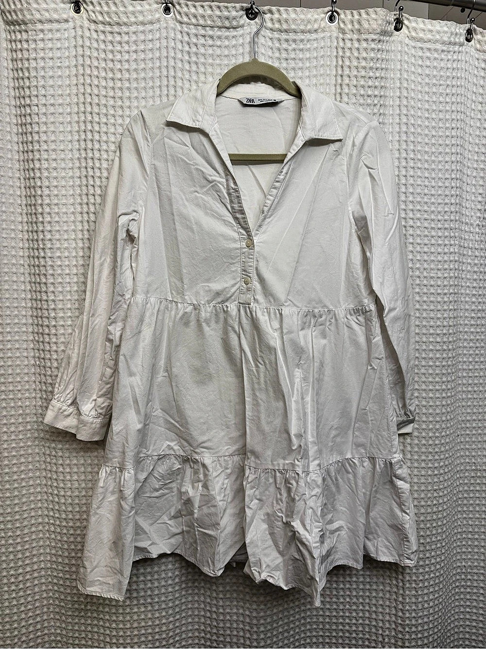 Zara White Collared Tiered Long Sleeved Mini Dress